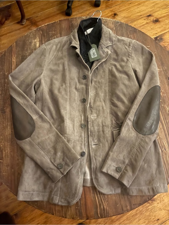 All Saints Jackets & Blazers - All Saints Taupe Suede Shirt Jacket with Dark Elbow Patches